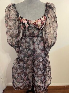 For Love & Lemons Black Floral Puff-Sleeve Midi Dress . Size Small.
